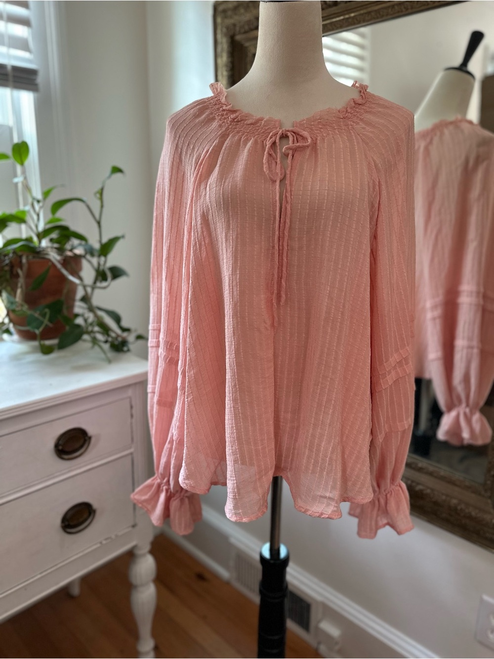 Free People blouse boho peach sheer full sleeves blousy M ruffles festival pink